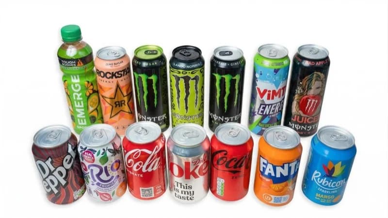 Cans of Monster, Coca-Cola, Rio, Dr Pepper, Fanta and Rubicon lined up at the UK Wide Food Supplies depot